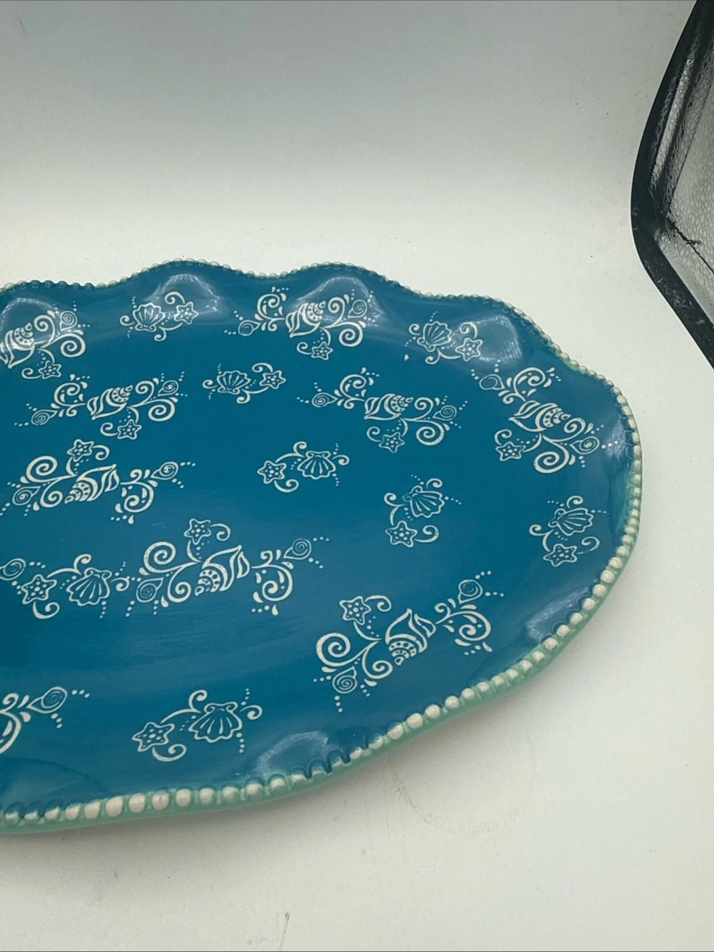 Temptations Blue Floral Lace Scalloped Edged serving platter  Tray 14x10”